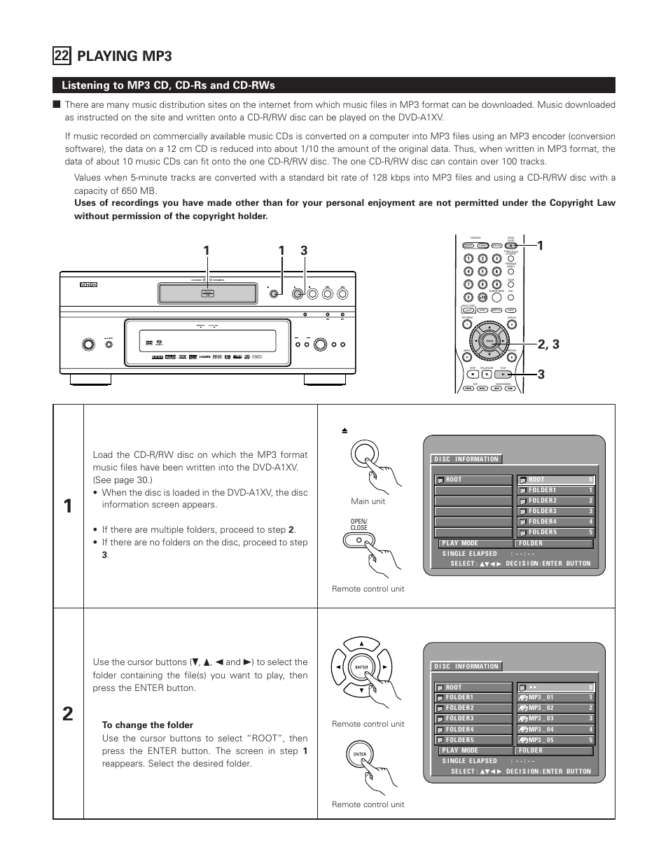 22 playing mp3, Listening to mp3 cd, cd-rs and cd-rws, On / standby | Use the cursor buttons (ª | FujiFilm DVD-A1XV User Manual | Page 83 / 92