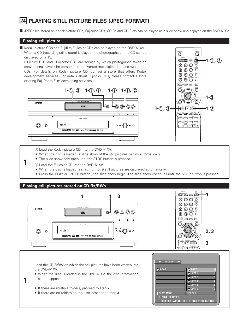 24 playing still picture files (jpeg format), Playing still picture, Playing still pictures stored on cd-rs/rws | On / standby | FujiFilm DVD-A1XV User Manual | Page 86 / 92