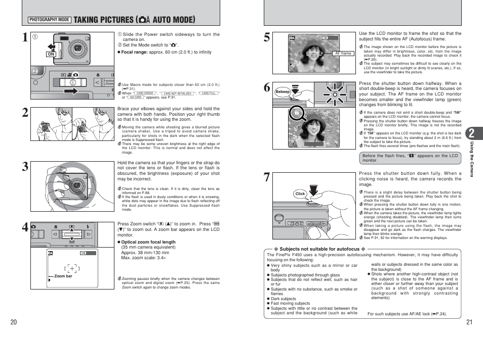 Taking pictures ( a auto mode) | FujiFilm F450 User Manual | Page 11 / 51