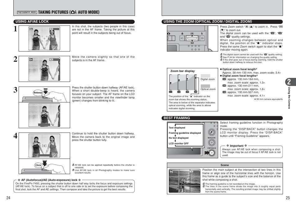 Taking pictures ( a auto mode) | FujiFilm F450 User Manual | Page 13 / 51