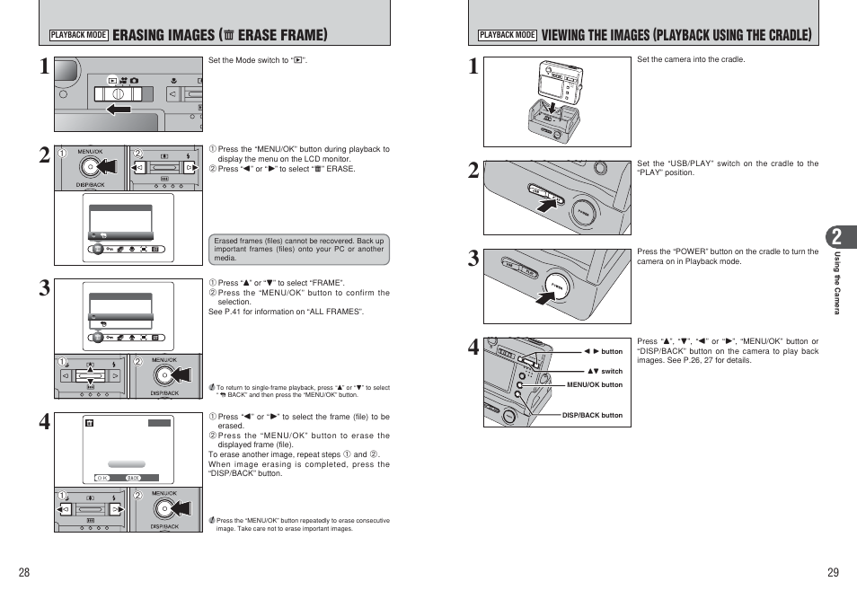 Viewing the images (playback using the cradle), Erasing images, Erase frame) | FujiFilm F450 User Manual | Page 15 / 51