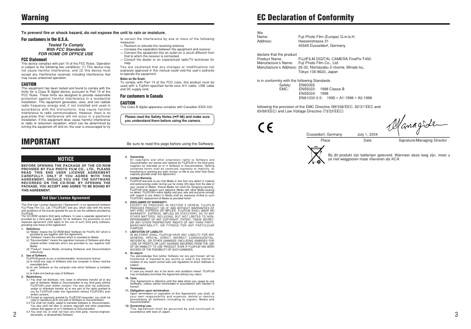 Ec declaration of conformity, Warning important | FujiFilm F450 User Manual | Page 2 / 51