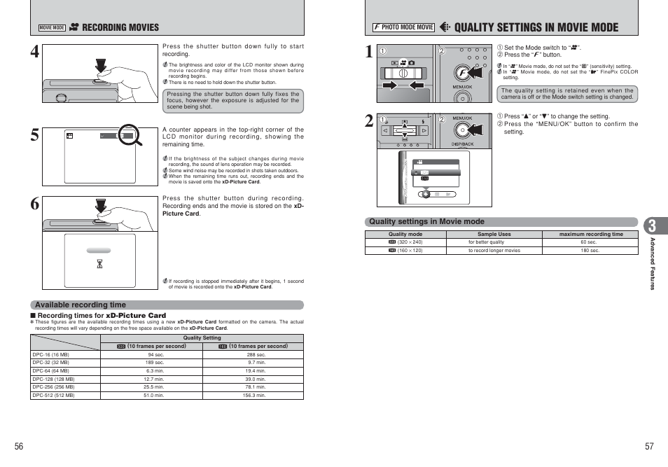 Y quality settings in movie mode, R recording movies | FujiFilm F450 User Manual | Page 29 / 51