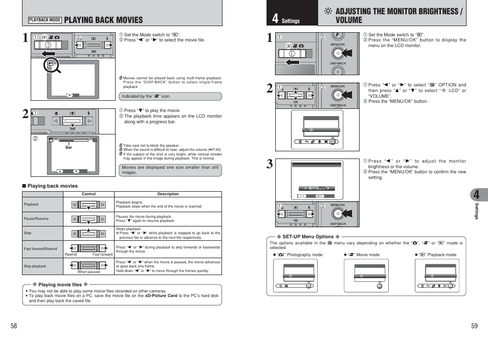 FI adjusting the monitor brightness / volume, Playing back movies | FujiFilm F450 User Manual | Page 30 / 51