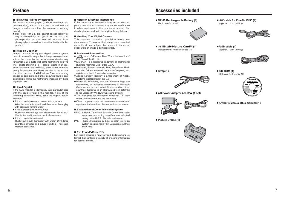 Accessories included, Preface | FujiFilm F450 User Manual | Page 4 / 51