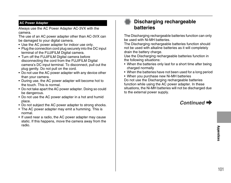 Discharging rechargeable batteries, Continued q | FujiFilm FinePix A600 User Manual | Page 101 / 132