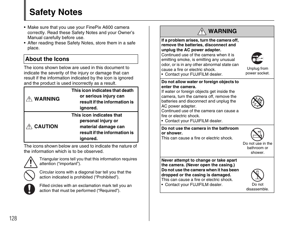 About the icons, Warning | FujiFilm FinePix A600 User Manual | Page 128 / 132