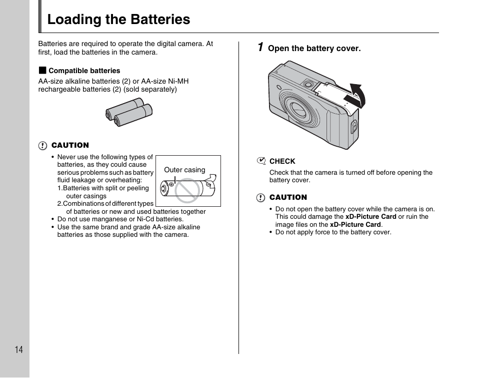 Loading the batteries | FujiFilm FinePix A600 User Manual | Page 14 / 132