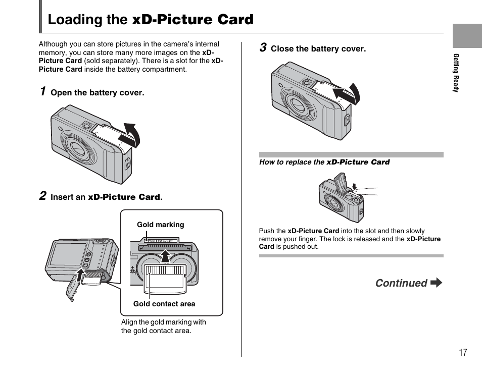 Loading the xd-picture card | FujiFilm FinePix A600 User Manual | Page 17 / 132