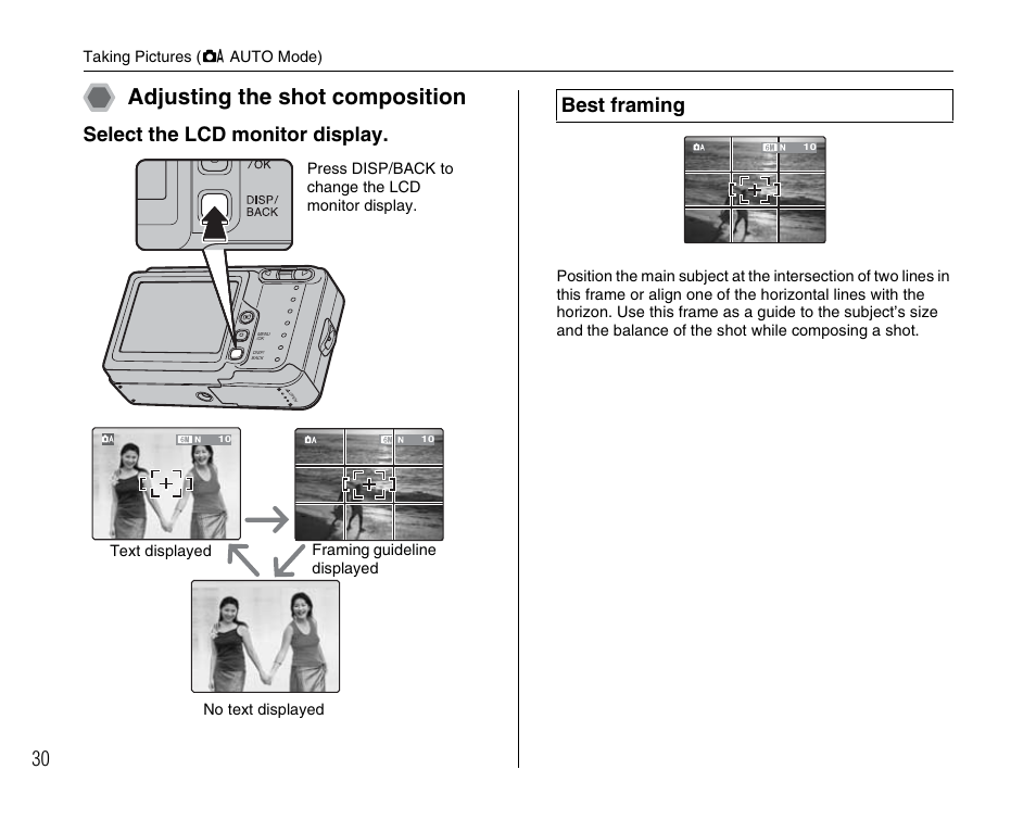 Adjusting the shot composition, Select the lcd monitor display, Best framing | FujiFilm FinePix A600 User Manual | Page 30 / 132