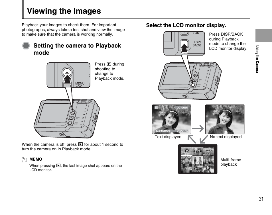 Viewing the images, Setting the camera to playback mode, Select the lcd monitor display | Press w during shooting to change to playback mode | FujiFilm FinePix A600 User Manual | Page 31 / 132