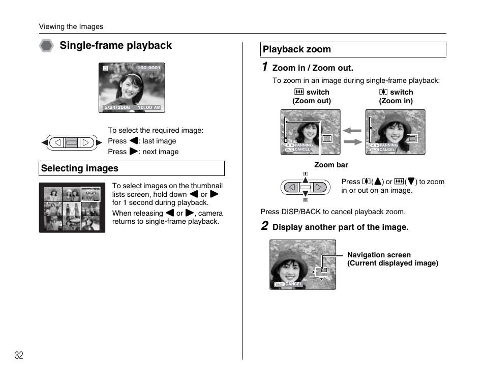 Single-frame playback, Selecting images, Playback zoom | FujiFilm FinePix A600 User Manual | Page 32 / 132