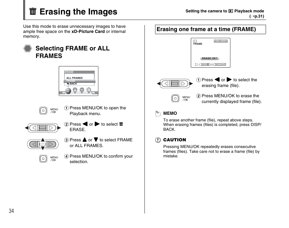 O erasing the images, Selecting frame or all frames, Erasing one frame at a time (frame) | FujiFilm FinePix A600 User Manual | Page 34 / 132