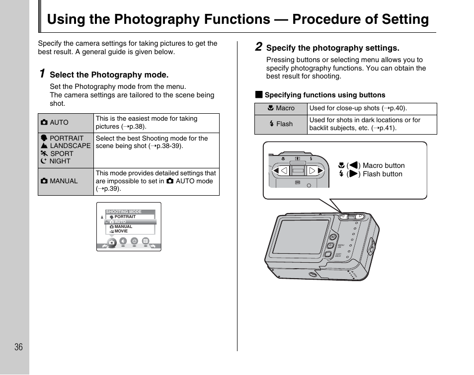 Select the photography mode, Specify the photography settings | FujiFilm FinePix A600 User Manual | Page 36 / 132