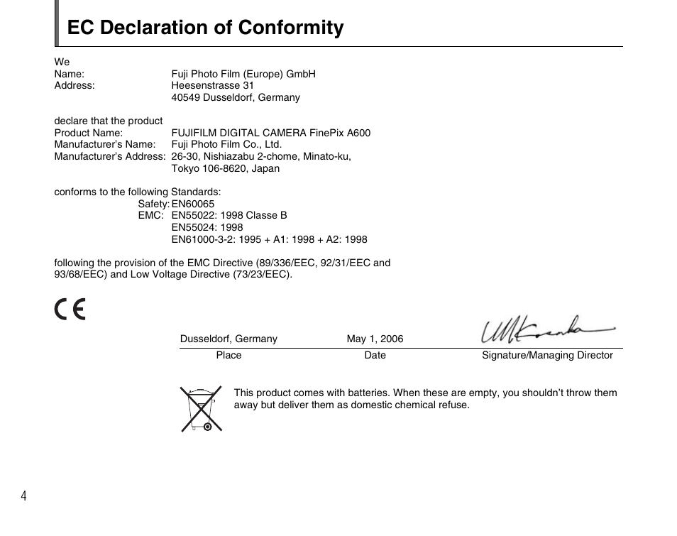 Ec declaration of conformity | FujiFilm FinePix A600 User Manual | Page 4 / 132