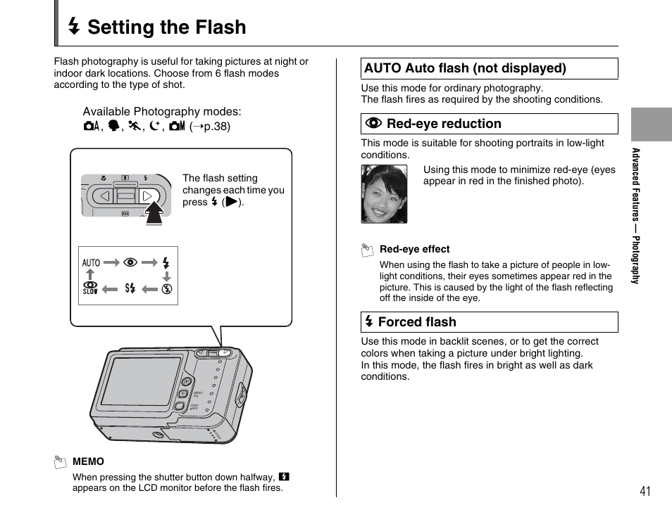 D setting the flash, D forced flash | FujiFilm FinePix A600 User Manual | Page 41 / 132