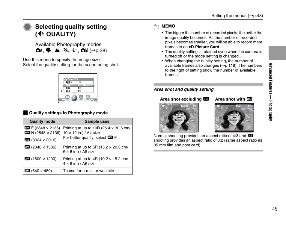 Selecting quality setting ( y quality) | FujiFilm FinePix A600 User Manual | Page 45 / 132