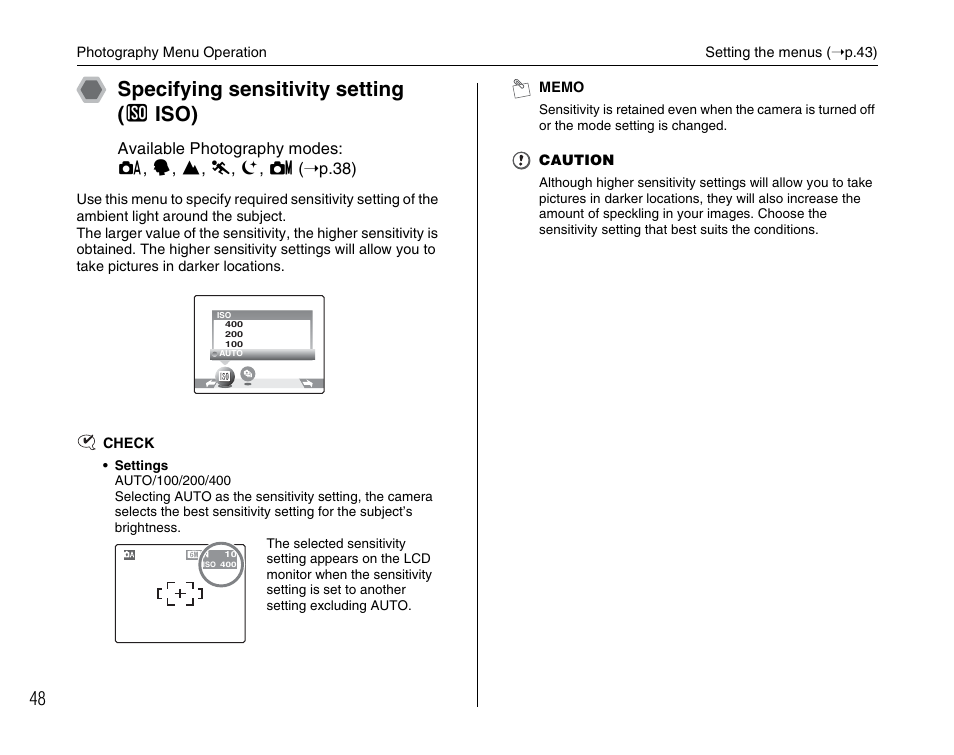 Specifying sensitivity setting ( s iso) | FujiFilm FinePix A600 User Manual | Page 48 / 132