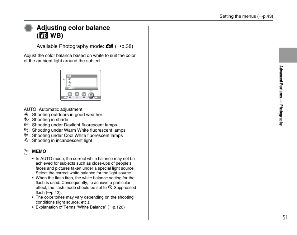 Adjusting color balance ( t wb) | FujiFilm FinePix A600 User Manual | Page 51 / 132