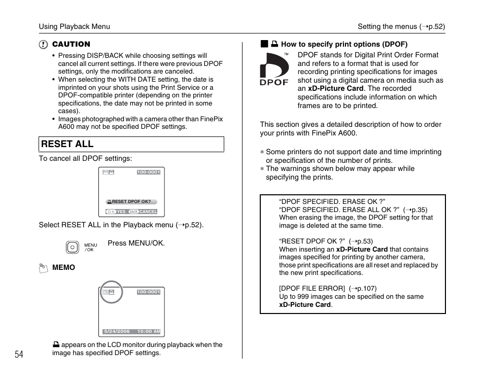 Reset all | FujiFilm FinePix A600 User Manual | Page 54 / 132