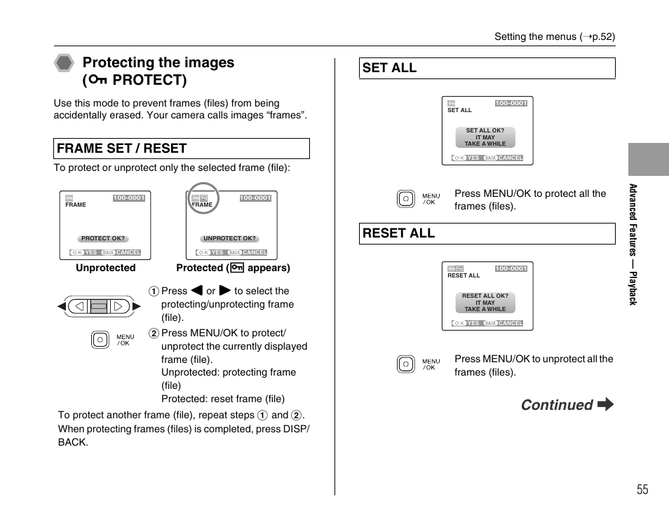 Protecting the images ( i protect), Continued q, Frame set / reset | Set all, Reset all | FujiFilm FinePix A600 User Manual | Page 55 / 132