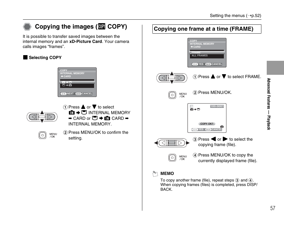 Copying the images ( v copy), Copying one frame at a time (frame) | FujiFilm FinePix A600 User Manual | Page 57 / 132