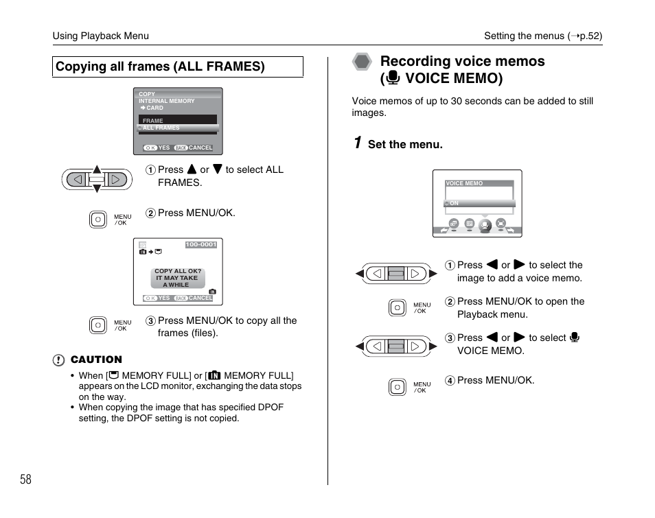 Copying all frames (all frames), Set the menu | FujiFilm FinePix A600 User Manual | Page 58 / 132