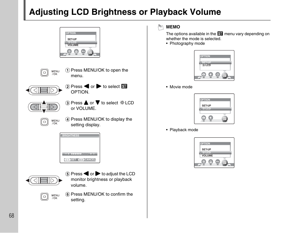 Adjusting lcd brightness or playback volume | FujiFilm FinePix A600 User Manual | Page 68 / 132