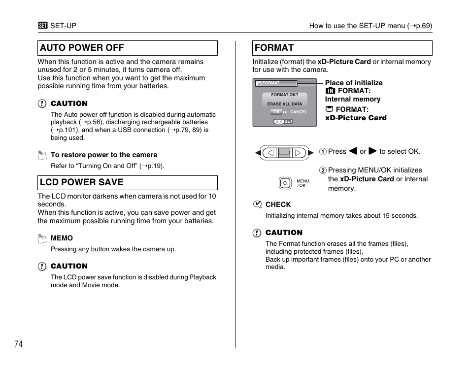 Auto power off lcd power save format | FujiFilm FinePix A600 User Manual | Page 74 / 132