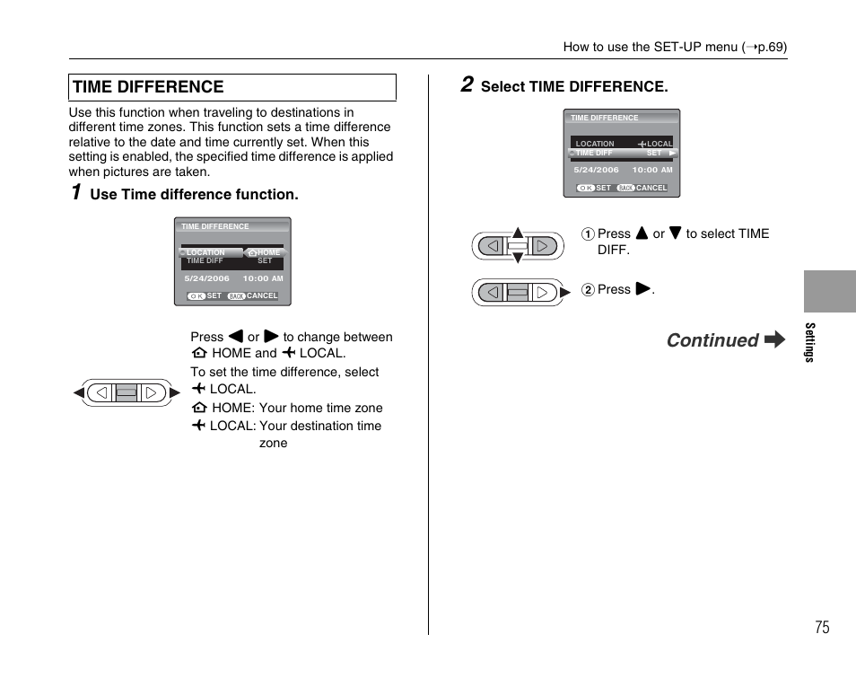 Continued q, Time difference, Use time difference function | Select time difference | FujiFilm FinePix A600 User Manual | Page 75 / 132