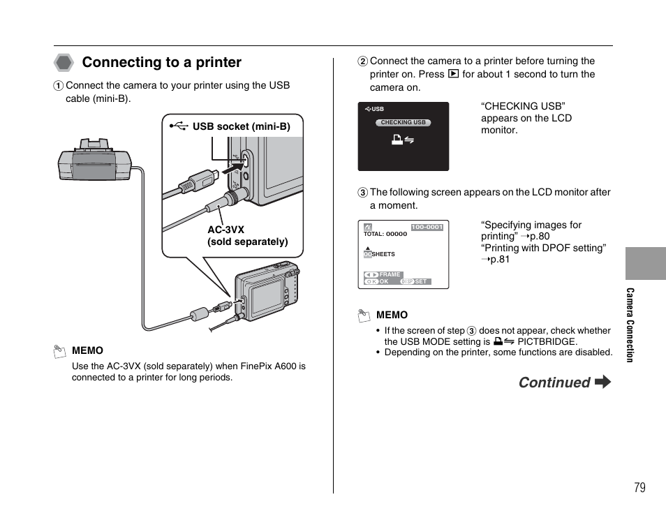 Connecting to a printer, Continued q | FujiFilm FinePix A600 User Manual | Page 79 / 132