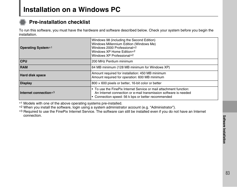 Installation on a windows pc, Pre-installation checklist | FujiFilm FinePix A600 User Manual | Page 83 / 132
