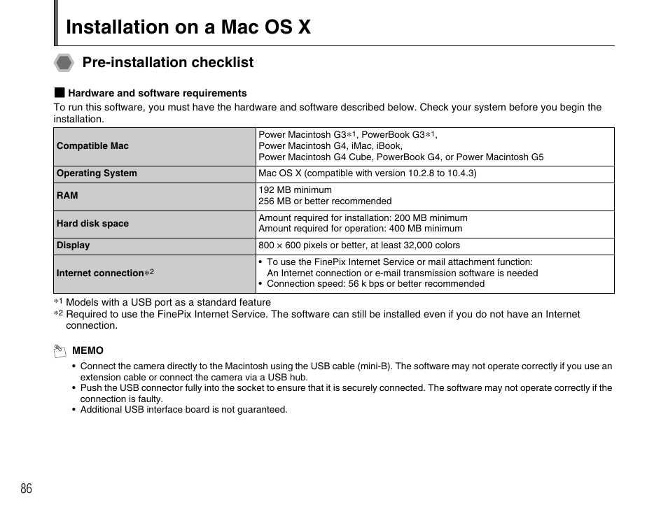 Installation on a mac os x, Pre-installation checklist | FujiFilm FinePix A600 User Manual | Page 86 / 132