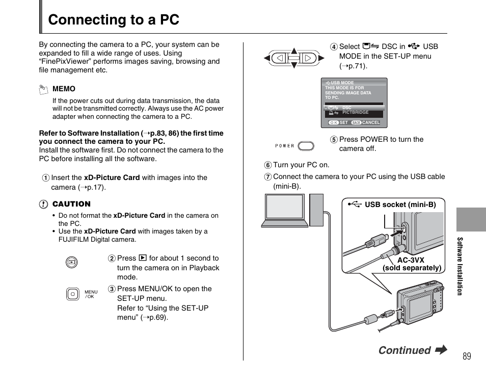 Connecting to a pc, Continued | FujiFilm FinePix A600 User Manual | Page 89 / 132