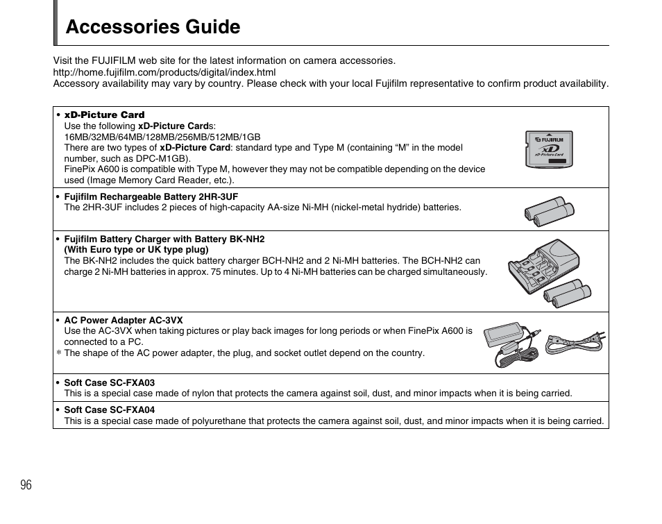 Accessories guide | FujiFilm FinePix A600 User Manual | Page 96 / 132