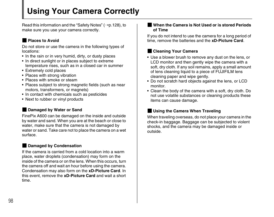 Using your camera correctly | FujiFilm FinePix A600 User Manual | Page 98 / 132