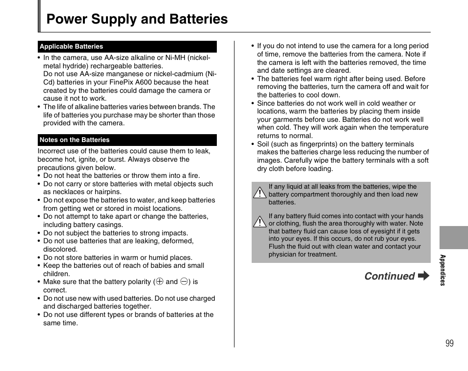 Power supply and batteries, Continued q | FujiFilm FinePix A600 User Manual | Page 99 / 132