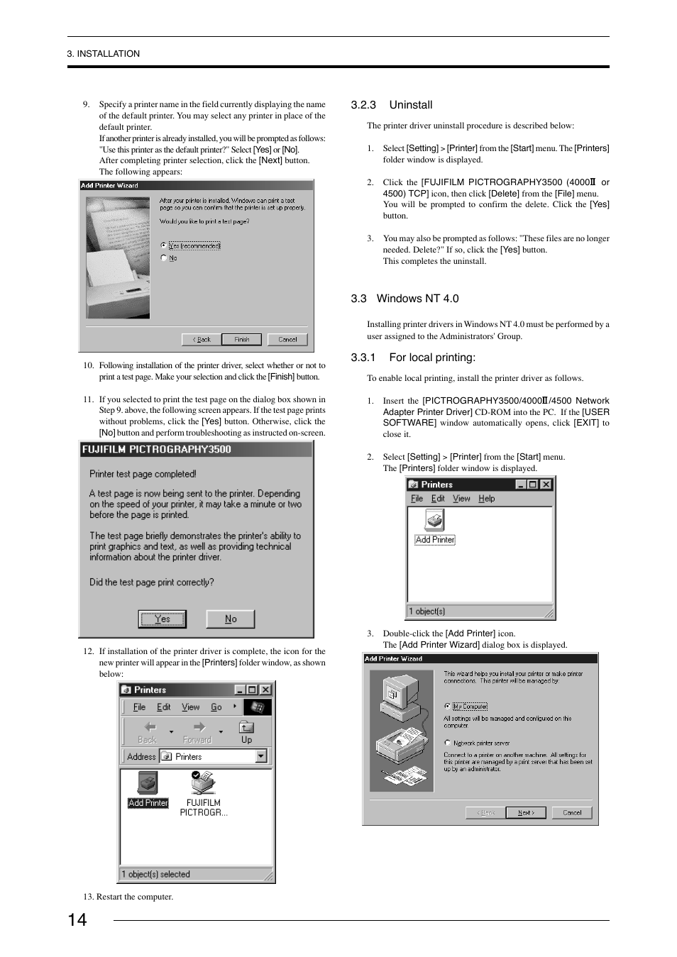 3 uninstall, 3 windows nt 4.0, 1 for local printing | Windows nt 4.0 3.3.1 for local printing | FujiFilm 40002 User Manual | Page 16 / 52