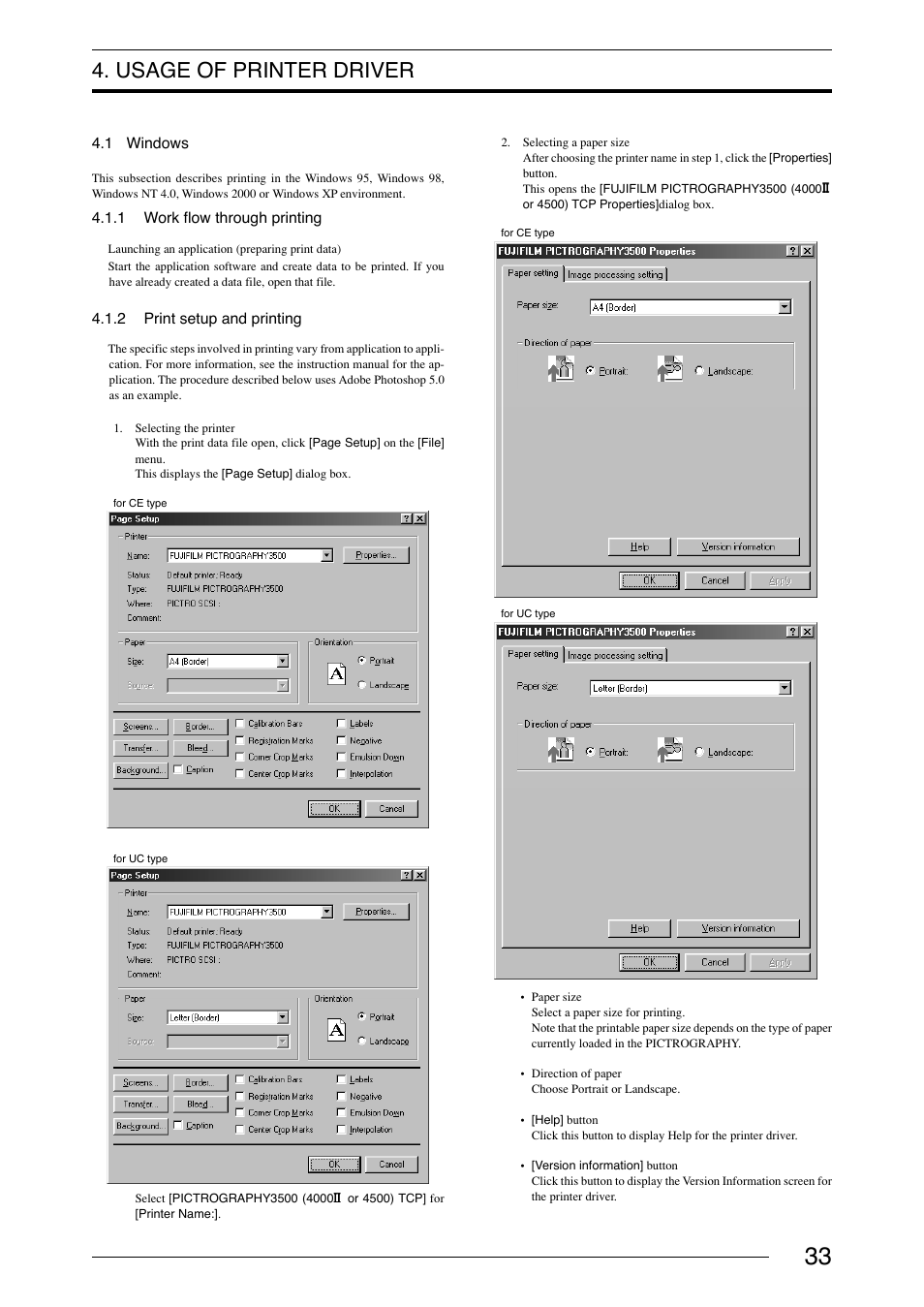 Usage of printer driver, 1 windows, 1 work flow through printing | 2 print setup and printing, Windows 4.1.1 work flow through printing | FujiFilm 40002 User Manual | Page 35 / 52