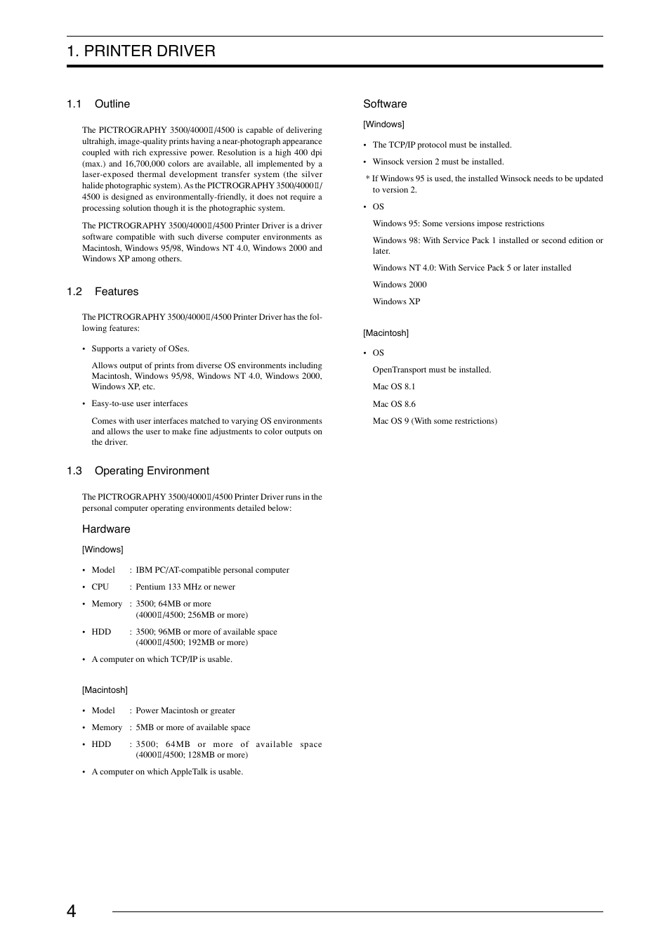 Printer driver, 1 outline, 2 features | 3 operating environment, Outline, Features, Operating environment | FujiFilm 40002 User Manual | Page 6 / 52