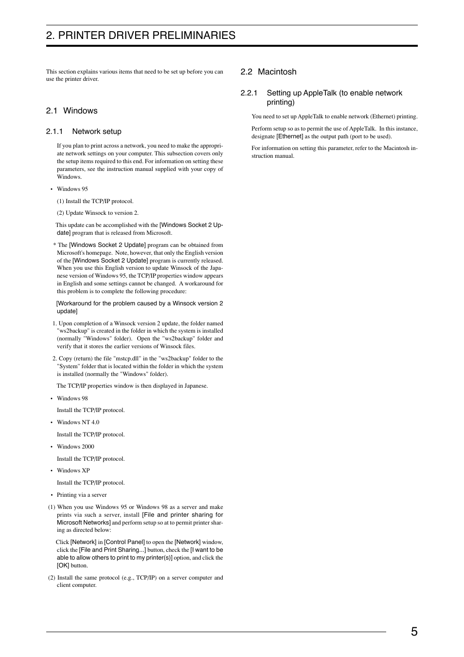 Printer driver preliminaries, 1 windows, 1 network setup | 2 macintosh, Windows 2.1.1 network setup | FujiFilm 40002 User Manual | Page 7 / 52