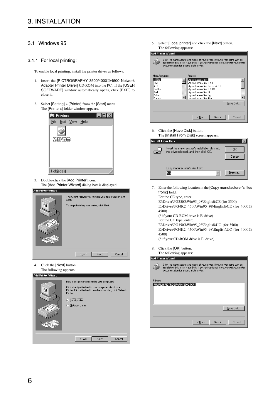 Installation, 1 windows 95, 1 for local printing | Windows 95 | FujiFilm 40002 User Manual | Page 8 / 52