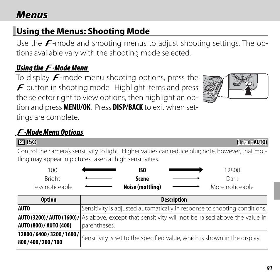 Menus, Using the menus: shooting mode | FujiFilm DIGITAL CAMERA FINEPIX F800EXR User Manual | Page 109 / 171