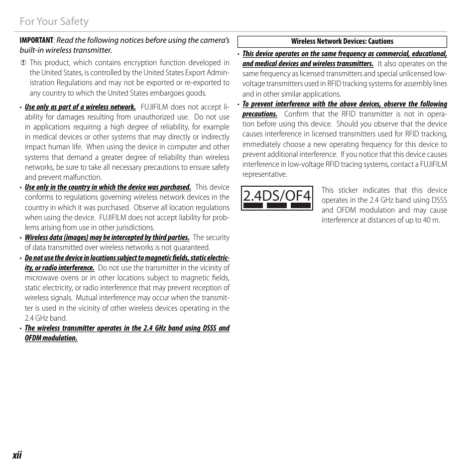 4ds/of4, Xii for your safety | FujiFilm DIGITAL CAMERA FINEPIX F800EXR User Manual | Page 12 / 171