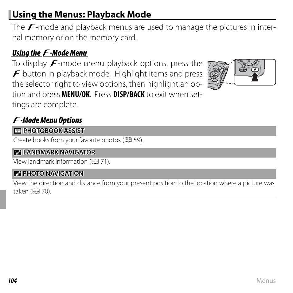 Using the menus: playback mode | FujiFilm DIGITAL CAMERA FINEPIX F800EXR User Manual | Page 122 / 171