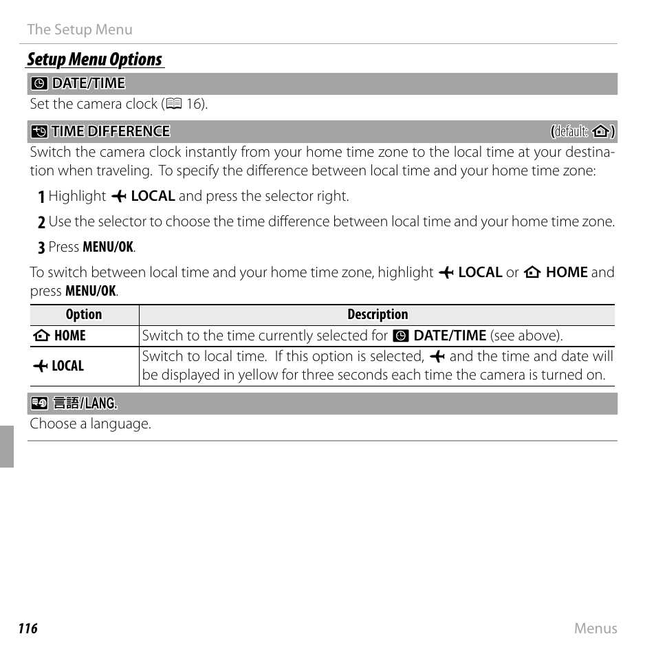 Setup menu options | FujiFilm DIGITAL CAMERA FINEPIX F800EXR User Manual | Page 134 / 171