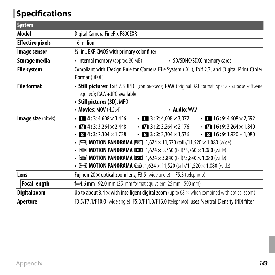 Specifi cations | FujiFilm DIGITAL CAMERA FINEPIX F800EXR User Manual | Page 161 / 171