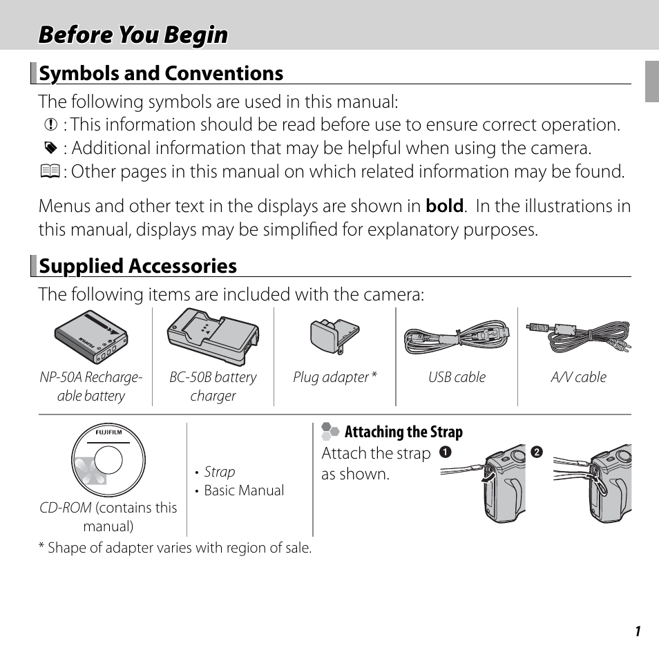 Before you begin, Symbols and conventions, Supplied accessories | FujiFilm DIGITAL CAMERA FINEPIX F800EXR User Manual | Page 19 / 171