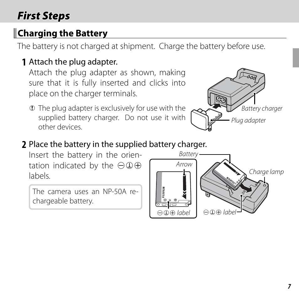 First steps, Charging the battery | FujiFilm DIGITAL CAMERA FINEPIX F800EXR User Manual | Page 25 / 171