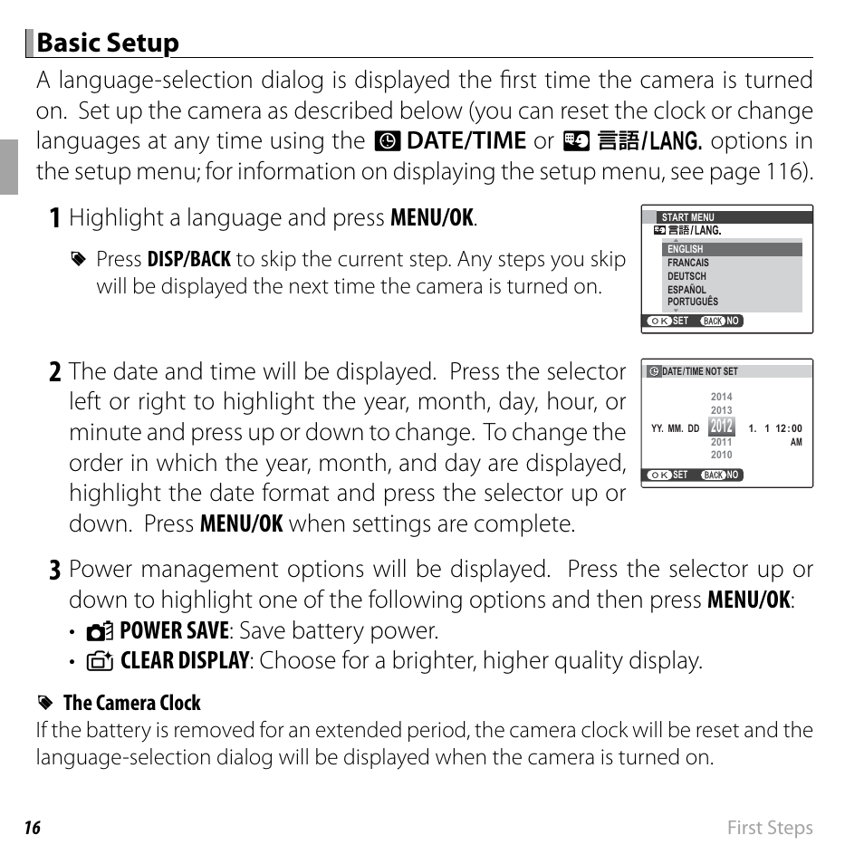 Basic setup, Highlight a language and press menu/ok | FujiFilm DIGITAL CAMERA FINEPIX F800EXR User Manual | Page 34 / 171